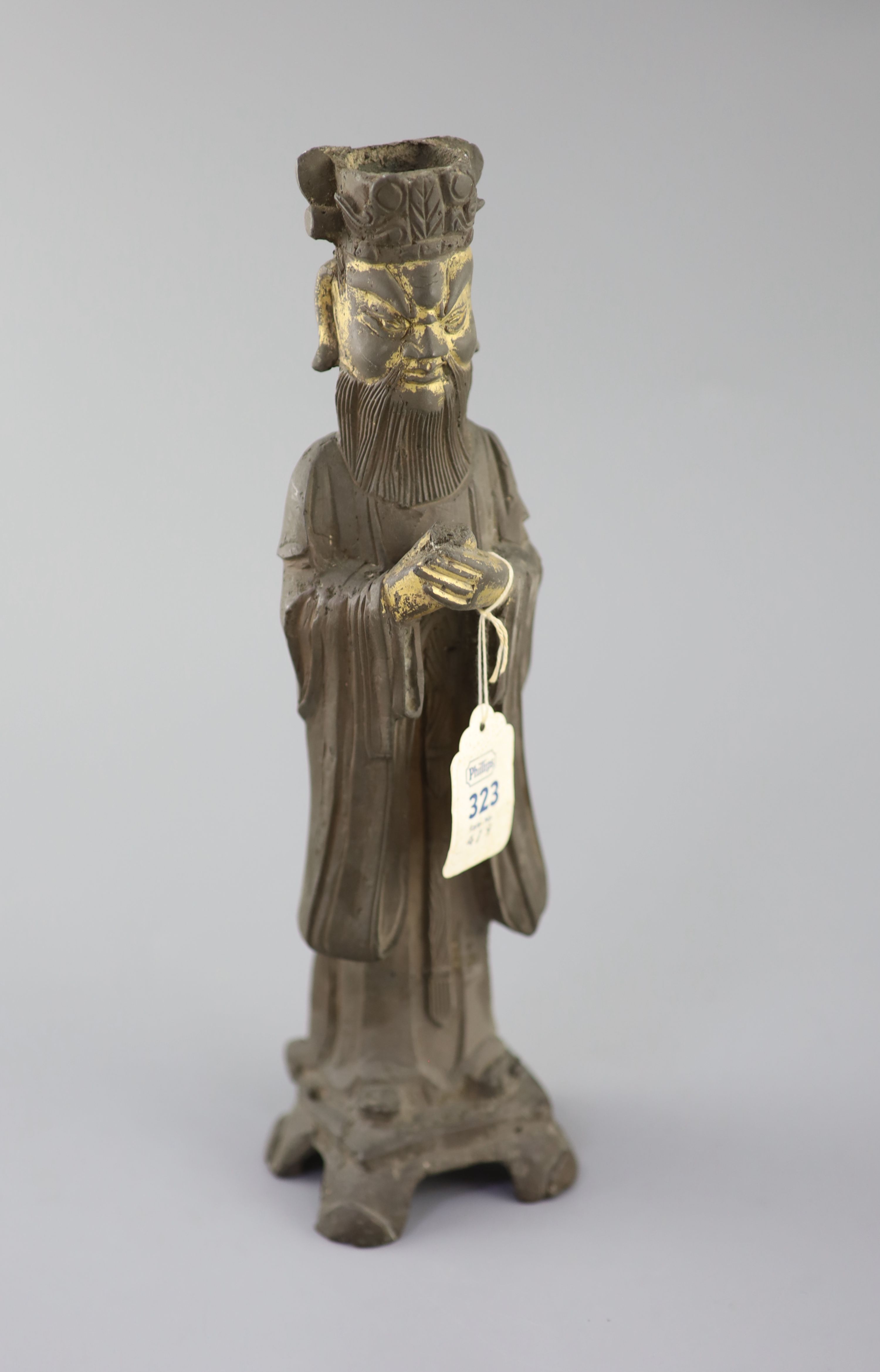 A Chinese bronze standing figure of an Emperor, late Ming dynasty, 30cm high, losses, Provenance - A. T. Arber-Cooke